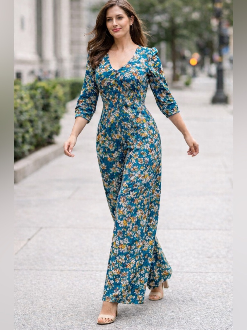 Anthropologie Kachel Blue Floral Wide Leg Jumpsuit M